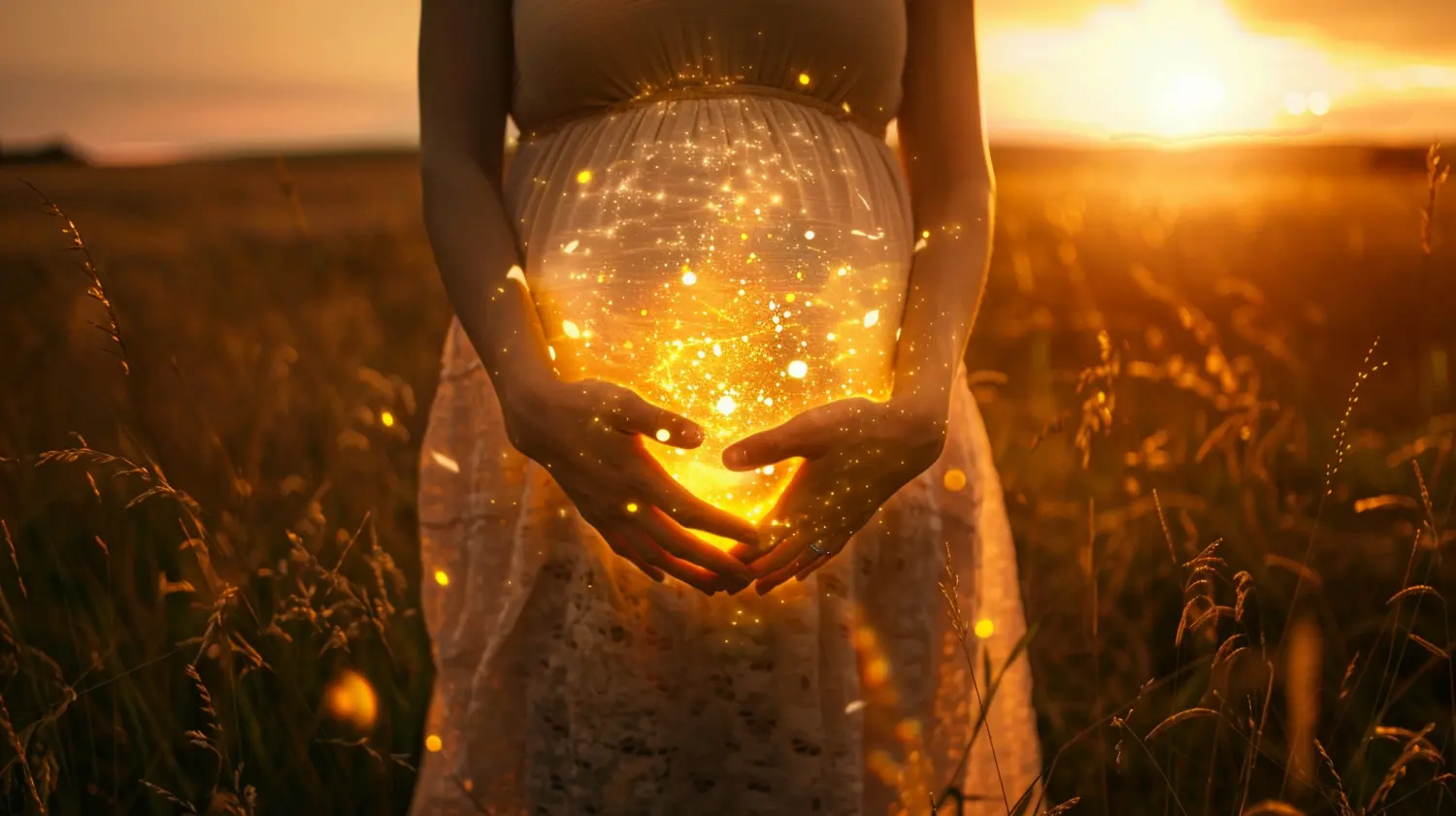 Eine schwangere Frau wiegt ihren Bauch, der in goldenem Licht leuchtet und das Wunder des Lebens symbolisiert
